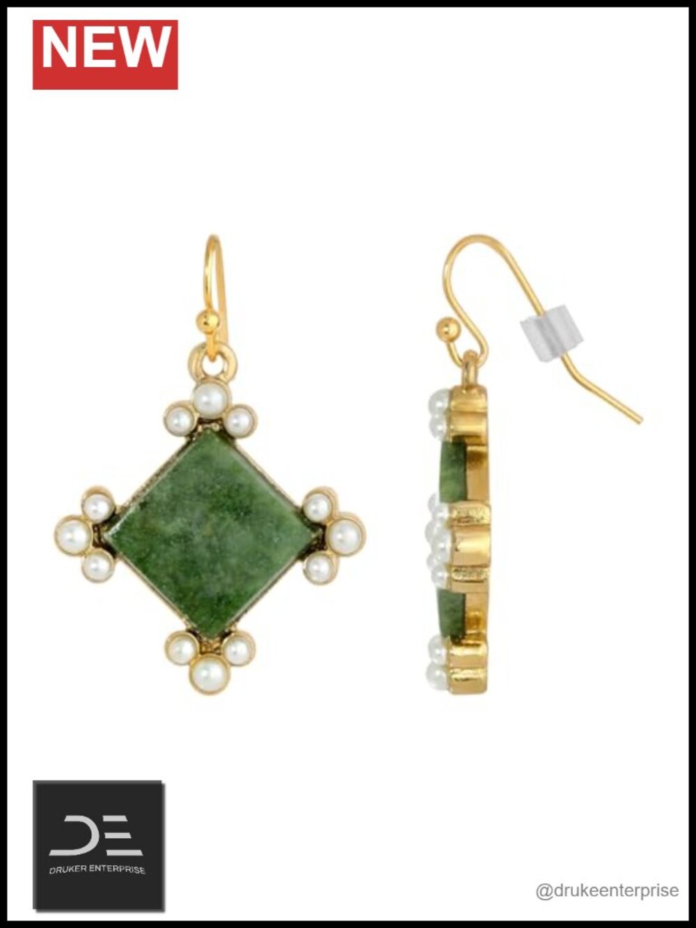 Gold Tone Green Aventurine Faux Pearl Drop Earrings